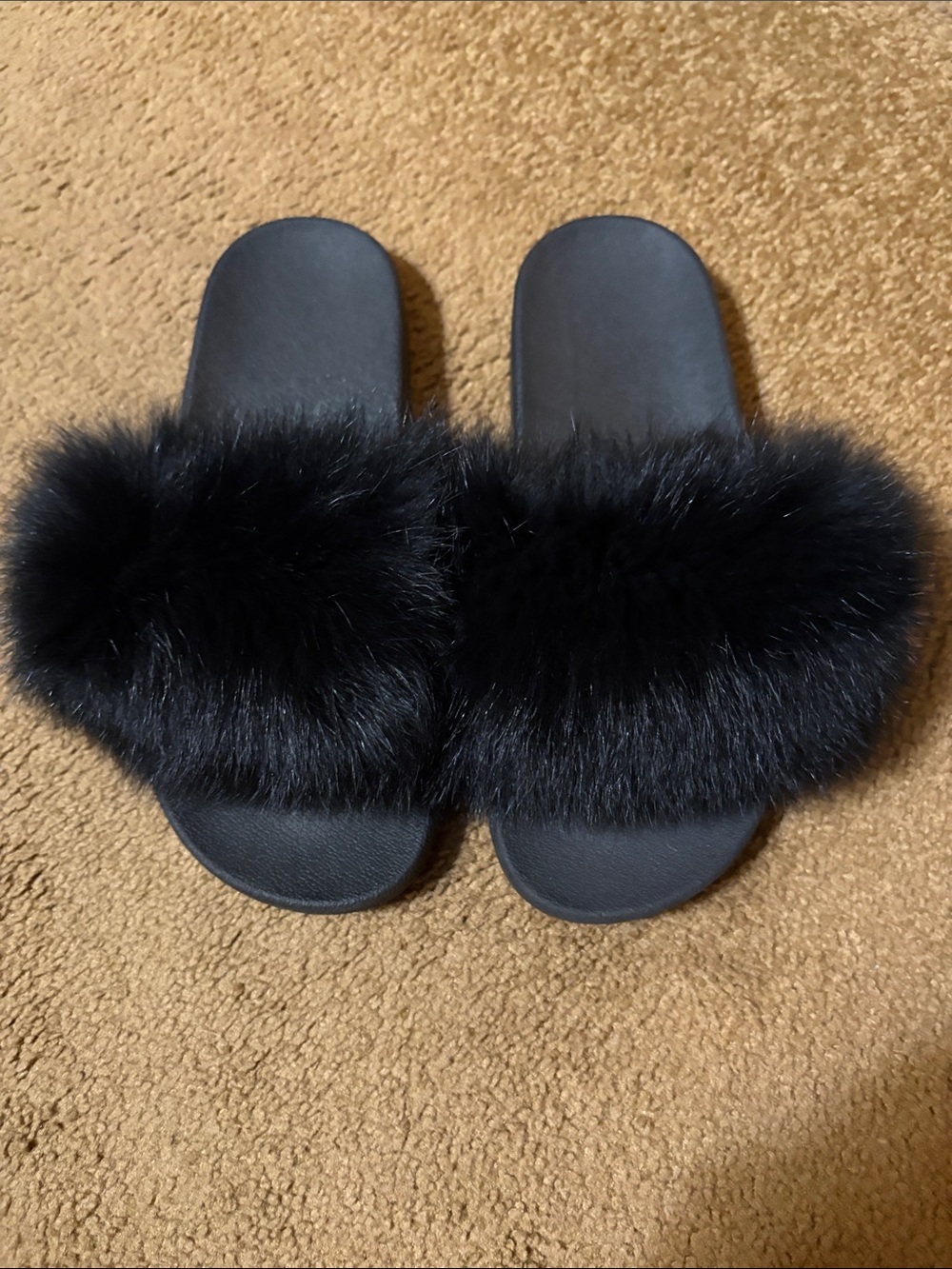 Black Faux Fur Slide Sandals - Women's Cozy Slip-On